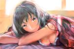  breasts cleavage head_rest light long_hair lying on_stomach original osamu solo under_covers 