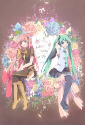  blue_eyes boots detached_sleeves flower green_eyes green_hair hatsune_miku headset highres kiina knee_boots long_hair megurine_luka multiple_girls necktie pink_hair sitting skirt thank_you thigh-highs thigh_boots thighhighs twintails valentine very_long_hair vocaloid wreath 