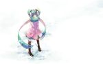  aqua_eyes aqua_hair boots breath coat footprints hatsune_miku highres looking_up neko3 scarf skirt snow snowing solo twintails very_long_hair vocaloid white 