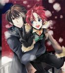  :d ahoge blue_eyes boots brown_eyes brown_hair coat frown gloves hair_ornament hairpin happy hug jude_maverick kresnik_ahtreide male merii messy_hair multiple_boys necktie open_mouth red_background red_hair redhead shirt shorts smile snow sweat wild_arms wild_arms_4 