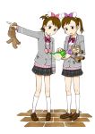  brown_hair futami_ami futami_mami hanatsuka idolmaster idolmaster_2 long_hair plaid plaid_skirt school_uniform short_hair siblings side_ponytail sisters skirt stuffed_animal stuffed_toy tartan teddy_bear twins 