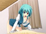  all_fours blue_bra blue_eyes blue_hair bottomless bra breasts chocolate chocolate_heart curtains from_below heart heterochromia kawazuishi lingerie mouth_hold off_shoulder pov red_eyes short_hair solo strap_slip tatara_kogasa touhou underwear valentine 