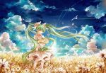  bird closed_eyes cloud clouds dress earrings eyes_closed field flower grass green_hair hair_flower hair_ornament hat hatsune_miku instockee instocklee jewelry long_hair petals sky smile sundress twintails very_long_hair vocaloid windmill 