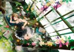  barefoot bird blonde_hair book brown_hair chicken clouds dress flower flowers from_above green_eyes highres indoors leaf letter lying neyagi on_floor on_side original paintbrush plant ruler scissors short_dress short_hair sliding_doors solo 