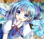  blue_eyes blue_hair bow checkered checkered_background cirno hair_bow ice open_mouth solo souji14 touhou 