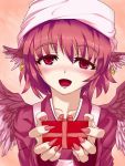  animal_ears bust collarbone earrings fingernails gift harigane_shinshi head_scarf highres holding holding_gift incoming_gift jewelry long_fingernails mystia_lorelei nail_polish okamisty pink_hair short_hair solo touhou wings 