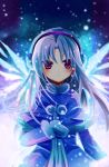 1girl blue_hair coat earmuffs ji_yu long_hair mittens purple_eyes tachibana_kanade violet_eyes wings winter_clothes