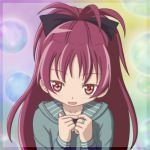  anime_coloring bad_id blush bow bubble curancuran face fang hair_bow hoodie jewelry long_hair mahou_shoujo_madoka_magica official_style ponytail portrait red_eyes red_hair redhead ring sakura_kyouko shy solo 