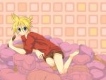  1024x768 blonde_hair blue_eyes casual chocolate heart holding kagamine_len looking_at_viewer lying male pillow pink ponytail shorts shota smile valentine vocaloid 
