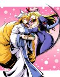  azuki_osamitsu blonde_hair blush breasts cleavage fox_tail gap gloves hat long_hair multiple_girls multiple_tails short_hair tail touhou yakumo_ran yakumo_yukari 