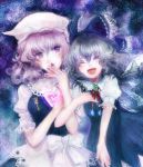  2girls :d arm_holding blue_hair bow brooch cirno closed_eyes curly_hair dress glowing hair_bow hat heart jewelry katari laughing lavender_hair letty_whiterock multiple_girls nail_polish open_mouth pendant purple_eyes purple_hair smile touhou 