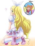  ? blonde_hair blush_stickers cure_rhythm earrings fishing_rod green_eyes highres houjou_hibiki jewelry kneeling long_hair looking_back magical_girl mameshiba mameshiba_(artist) minamino_kanade open_mouth panties precure skirt skirt_lift skirt_pull suite_precure underwear white_panties 