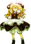  absurdres arms_up blonde_hair bloomers bow braid circlek hair_bow hat highres kirisame_marisa long_hair simple_background solo standing touhou witch witch_hat yellow_eyes 
