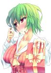  ascot bandaid blush breasts bust cleavage embarrassed frown green_hair holding holding_gift incoming_gift kazami_yuuka kinntarou plaid plaid_vest red_eyes short_hair solo touhou tsundere valentine youkai 