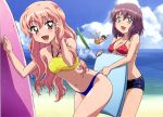  absurdres beach bikini blue_eyes blush breasts cloud clouds detexted fujii_masahiro happy henrietta_de_tristain highres hiraga_saito leaning_forward long_hair louise_francoise_le_blanc_de_la_valliere multiple_girls navel ocean open_mouth outdoors pink_eyes pink_hair purple_hair scan short_hair sky smile surfboard swimsuit text under_boob underboob water yellow_eyes zero_no_tsukaima 