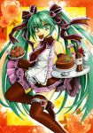  acrylic_paint_(medium) boots cake detached_sleeves food garters green_eyes green_hair hair_ribbon hatsune_miku heart high_heels long_hair mouth_hold myu-kimera necktie ribbon shoes skirt solo thigh-highs thigh_boots thighhighs traditional_media tray twintails valentine very_long_hair vocaloid wine 