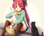  amy_(madoka_magica) bad_id bag black_cat black_cat_(animal) blush boots cat denim denim_shorts eating food food_on_face hoodie knee_boots long_hair mahou_shoujo_madoka_magica ponytail red_eyes red_hair redhead sakura_kyouko shopping_bag shorts sitting solo taiyaki tsuchifumazu wagashi 