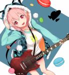  blush breasts gibson guitar headphones hoodie instrument jewelry large_breasts macaron necklace nitroplus open_mouth p-nut pink_hair raglan_sleeves red_eyes sg short_shorts shorts smile sonico soniko strap_cleavage super_sonico 