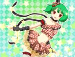  ahoge arm_garter bare_shoulders blush bow brown_eyes crop_top fingerless_gloves frills gloves green_hair hat leg_garter machinosuke macross macross_frontier midriff mini_top_hat miniskirt navel open_mouth ranka_lee ribbon short_hair single_thighhigh skirt smile solo star thighhighs top_hat white_legwear 