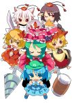  absurdres aki_minoriko aki_shizuha chibi drill highres inubashiri_momiji kagiyama_hina kawashiro_nitori mallet mountain_of_faith multiple_girls outstretched_arms po(kari) robotic_arms shameimaru_aya spread_arms touhou v wink 