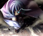  aiming_at_viewer angry aqua_eyes artist_request blue_eyes blue_hair blurry cape depth_of_field foreshortening from_above futakabe glowing glowing_eyes hair_over_one_eye mahou_shoujo_madoka_magica miki_sayaka motion_blur pov_aiming short_hair solo sword thighhighs weapon white_legwear 