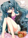  blue_eyes gift hatsune_miku holding holding_gift long_hair serinavvv shorts sitting twintails valentine very_long_hair vocaloid 