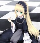  blonde_hair checkered checkered_floor gosick green_eyes hairband lolita_fashion long_hair pipe tsuchifumazu victorica_de_blois 