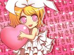  blonde_hair blush bow frills hair_bow heart kagamine_rin open_mouth pink pink_eyes short_hair valentine vocaloid white_dress young 