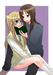  aoiz blonde_hair blue_eyes blush book bottomless brown_eyes brown_hair glasses k-on! kotobuki_tsumugi long_hair multiple_girls open_mouth school_uniform sitting uniform yamanaka_sawako 