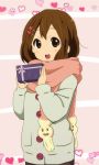  amano_(els573) brown_eyes brown_hair gift heart highres hirasawa_yui holding holding_gift k-on! open_mouth scarf short_hair solo 