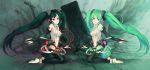  bare_shoulders barefoot black_hair black_legwear black_thighhighs dual_persona elbow_gloves gloves green_eyes green_hair hair_ornament hatsune_miku hatsune_miku_(append) highres long_hair microphone multiple_girls red_eyes symmetry thigh-highs thighhighs twintails very_long_hair vocaloid vocaloid_append zatsune_miku 