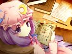  book bookmark chain chains chair close-up crescent desk face from_above glyph hair_ribbon hat looking_back looking_up open_book paper patchouli_knowledge pen purple_eyes purple_hair reading ribbon sakura_mikan_(chirizakura) sitting solo table touhou violet_eyes 