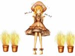  aki_minoriko amanojaku anklet bad_id barefoot blonde_hair cat_pose closed_eyes eyes_closed food hat jewelry musical_note onigiri paw_pose plant potted_plant short_hair simple_background solo touhou 