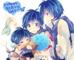  akiyoshi_(tama-pete) blue_eyes blue_hair bouquet bow closed_eyes fang flower happy_birthday headphones heart ice_cream kaito male multiple_persona nail_polish open_mouth scarf short_hair striped_panties teddy_bear v vocaloid young 
