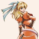  blonde_hair blue_eyes bow dress from_behind gloves hair_ribbon hand_on_hip hips lowres maya_schrodinger orange_dress ribbon short_hair smile solo verden white_background wild_arms wild_arms_3 