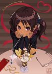  aoi_sora_(pairan) bangs brown_background brown_eyes brown_hair casual chin_rest dark_skin face food gift glasses glasses_removed hair_ornament hairclip hands_on_face hands_on_own_face ice_cream incoming_gift looking_at_viewer mouth_hold original pairan parfait pen pov pov_across_table pov_dating pov_eye_contact scarf short_twintails sleeves_past_wrists smile solo spoon sundae table twintails valentine 