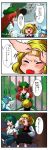  4koma antennae bandaid blonde_hair blood blue_hair blush bow braid china_dress chinese_clothes cirno comic fang green_eyes green_hair hair_bow hat hong_meiling kizinori long_hair multiple_girls plaster red_eyes red_hair redhead ribbon rumia scarlet_devil_mansion touhou translated wings wriggle_nightbug youkai 