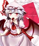  ascot bat_wings blue_hair brooch chocolate chocolate_heart dress hat heart jewelry red_eyes remilia_scarlet shiina_shian silver_hair solo touhou valentine wings 