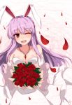  absurdres animal_ears bare_shoulders bouquet breasts bunny_ears cleavage dedeyong dress elbow_gloves flower gloves hair_ornament hairclip highres jewelry long_hair necktie pendant petals purple_hair red_eyes red_rose reisen_udongein_inaba rose rose_petals solo touhou wedding_dress wink 
