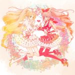  bad_id blonde_hair cure_melody cure_rhythm dress hair_ribbon highres houjou_hibiki long_hair magical_girl minamino_kanade molatoliamu multiple_girls musical_note pink_hair pink_legwear precure ribbon suite_precure thigh-highs thighhighs twintails 