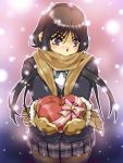  akiyama_mio black_hair blush heart hisahiko holding holding_gift incoming_gift k-on! long_hair mittens pantyhose scarf school_uniform snow solo sweater valentine 