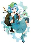  backpack bag blue_eyes blue_hair hair_bobbles hair_ornament hand_drill hat highres kawashiro_nitori key pepepo randoseru screwdriver seigaiha short_hair sleeves_rolled_up solo touhou twintails wrench 