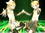  aqua_eyes arm_warmers bass_clef binary blonde_hair blue_eyes brother_and_sister choker circuit_board detached_sleeves green hair_ornament hair_ribbon hairclip hand_on_headphones headphones highres holding_hands kagamine_len kagamine_len_(append) kagamine_rin kagamine_rin_(append) leg_warmers len_append nail_polish navel navel_cutout open_mouth outstretched_arm ponytail popped_collar ribbon rin_append see-though short_hair shorts siblings smile thighhighs treble_clef twins vocaloid vocaloid_append 