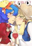  blue_hair blush brown_eyes bust cheek-to-cheek cheek_to_cheek face_to_face green_eyes hair_ornament hands_together hat heart leaf maple_leaf moriya_suwako moros multiple_girls payot short_hair smile touhou yasaka_kanako yuri 