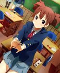  book brown_hair case chalkboard classroom desk glasses hands_clasped hatsumic k-on! outstretched_arms pencil red_eyes school_uniform short_twintails sitting skirt smile solo stretch suzuki_jun twintails 
