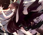  1girl arm_cannon brown_eyes brown_hair cape from_behind large_wings long_hair looking_back open_mouth pointing reiuji_utsuho solo taicho128 touhou very_long_hair weapon wings 