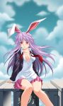  absurdres animal_ears blazer blush breasts bunny_ears cleavage dress_shirt highres legs long_hair lucrecia necktie no_bra purple_hair red_eyes reisen_udongein_inaba shirt sitting skirt sky solo touhou unbuttoned untied very_long_hair wind 