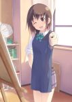  ;d apron blush brown_eyes brown_hair canvas_(object) copyright_request easel open_mouth pencil pointing sakusaku school_uniform short_hair skirt sleeves_pushed_up smile solo window wink 