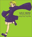  2002 black_eyes blonde_hair dress flower_guardian green_background long_sleeves running shoes short_hair simple_background skirt smile solo title_drop verden wild_arms wild_arms_flower_thieves 