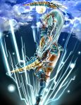  blue_eyes cloud clouds dual_wielding electricity full_moon highres jinouga_(armor) lightning midriff monster_hunter monster_hunter_portable_3rd moon night sky sword weapon 